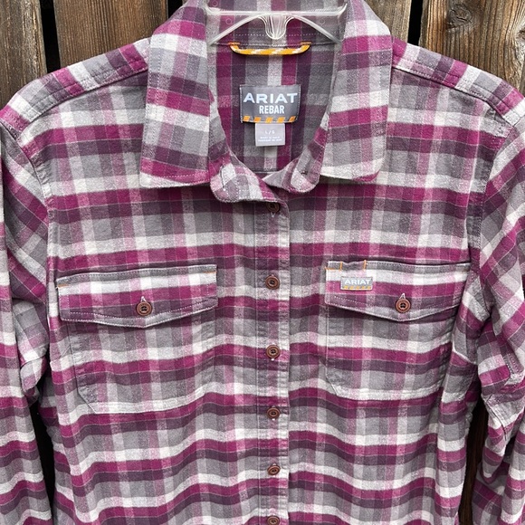 Ariat Large Flannel Shirt Ladies Rebar Plaid Purple Gray Button Front L Stretch - Picture 3 of 10